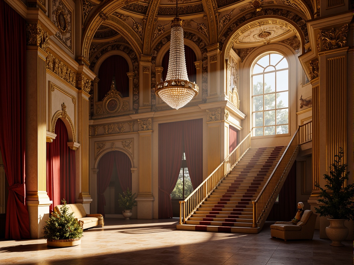 Prompt: Opulent palace interior, ornate golden decorations, lavish chandeliers, soft warm lighting, light diffusion through crystal prisms, intricate fresco ceilings, grand staircases, luxurious velvet drapes, majestic archways, dramatic shadowplay, high contrast ratio, warm color palette, subtle texture gradations, 1/2 composition, atmospheric perspective, realistic ambient occlusion.