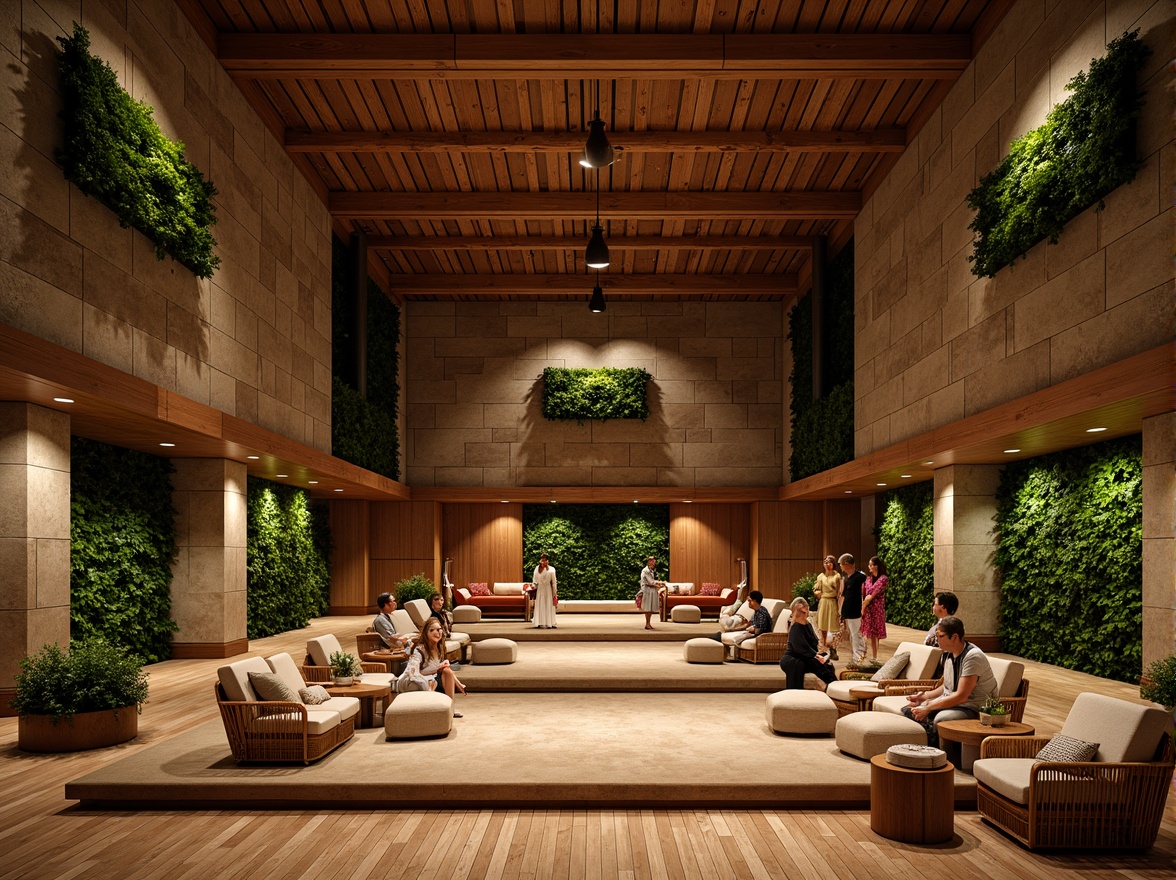 Prompt: Elegant auditorium interior, reclaimed wood accents, natural stone walls, bamboo flooring, woven rattan seating, earthy tone color palette, organic shape stage design, living green walls, hanging plants, warm soft lighting, cozy atmosphere, 3/4 composition, shallow depth of field, realistic textures, ambient occlusion.