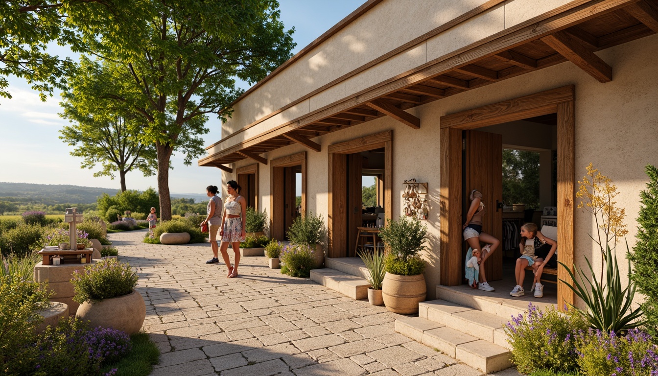 Prompt: Earthy rural shopping center, warm beige stucco exterior, rustic wooden accents, natural stone floors, vibrant greenery, local artisanal products, cozy atmosphere, soft warm lighting, shallow depth of field, 1/1 composition, realistic textures, ambient occlusion, gentle breeze, sunny afternoon, countryside views, rolling hills, wildflower fields.