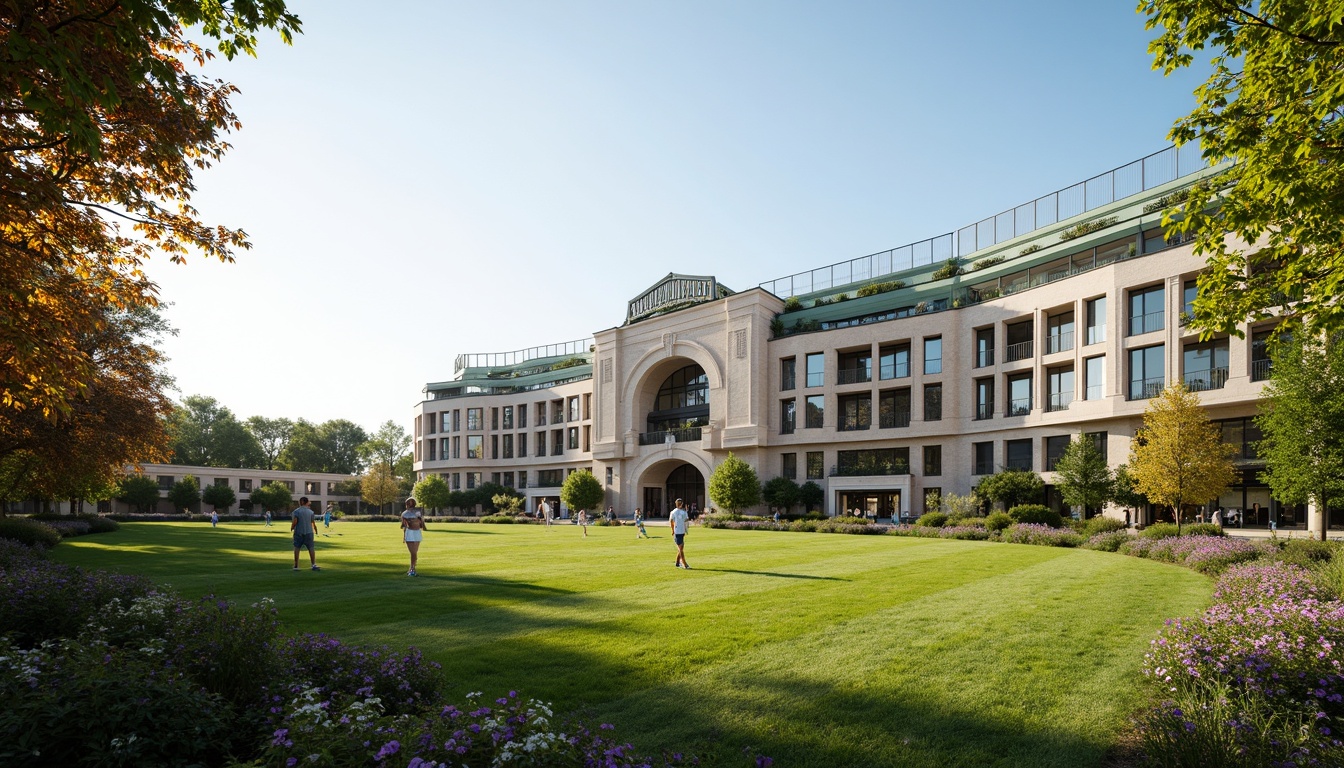 Prompt: Grandiose soccer stadium, classical facade, ornate columns, arches, domes, symmetrical composition, elegant proportions, limestone walls, marble accents, bronze details, green roofs, sprawling lawns, surrounding trees, vibrant flower arrangements, sunny afternoon, soft warm lighting, shallow depth of field, 1/1 composition, realistic textures, ambient occlusion.