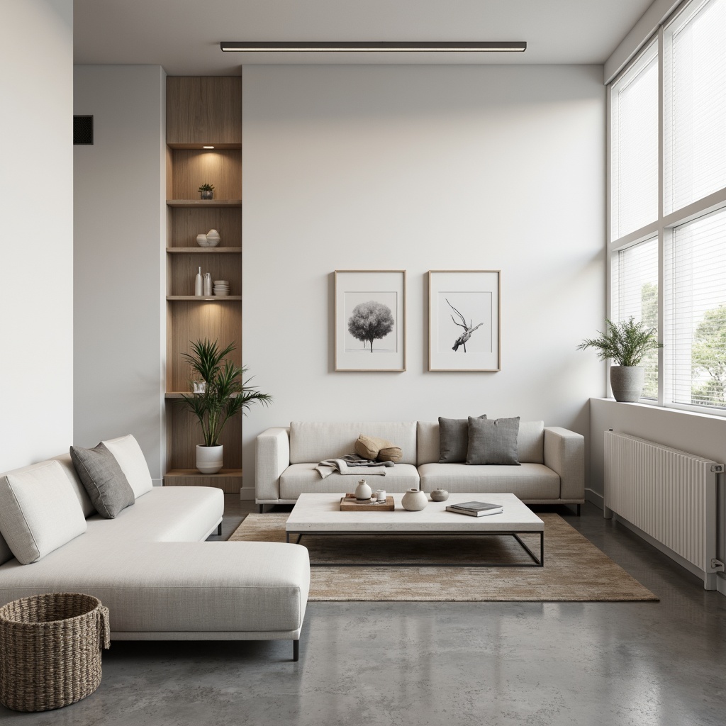 Prompt: Minimalist living room, monochromatic color scheme, smooth concrete floors, matte white walls, sleek low-profile furniture, minimalist decor, subtle textures, industrial-chic metal accents, hidden lighting systems, recessed shelves, flush-mounted fixtures, polished chrome hardware, soft warm ambiance, natural daylight, shallow depth of field, 1/1 composition, realistic materials, ambient occlusion.