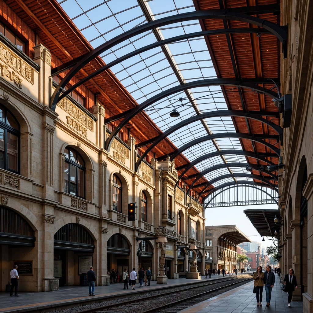 Prompt: Grand Romanesque train station, ornate stone fa\u00e7ade, arched windows, rusticated columns, vibrant red terra cotta roof tiles, curved ribbed vaults, intricate stone carvings, ornamental metalwork, modern innovative roof structure, cantilevered overhangs, dramatic skylights, industrial steel beams, exposed ductwork, sleek glass canopies, bustling urban environment, morning sunlight, soft warm lighting, shallow depth of field, 2/3 composition, realistic textures, ambient occlusion.