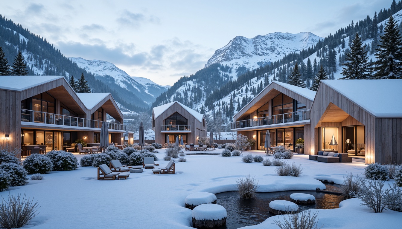 Prompt: Snow-capped mountains, frosty winter air, ski resort architecture, modern angular facades, metallic panels, LED lighting systems, dynamic diagonal lines, asymmetrical compositions, cantilevered structures, glass balconies, wooden accents, warm cozy interiors, fireplaces, mountain-inspired color schemes, rugged stone foundations, steeply pitched roofs, snow-load resistant designs, panoramic views of ski slopes, misty morning atmosphere, soft natural lighting, shallow depth of field, 2/3 composition, realistic textures, ambient occlusion.