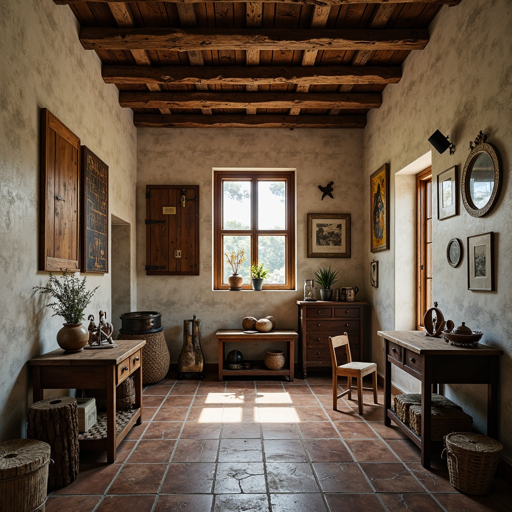 Prompt: Rustic farmhouse, textured walls, distressed wood accents, vintage farm equipment, eclectic decor, mix-and-match furnishings, natural stone foundations, wooden beams, exposed brick ceilings, earthy color palette, warm cozy lighting, shallow depth of field, 1/2 composition, realistic textures, ambient occlusion.