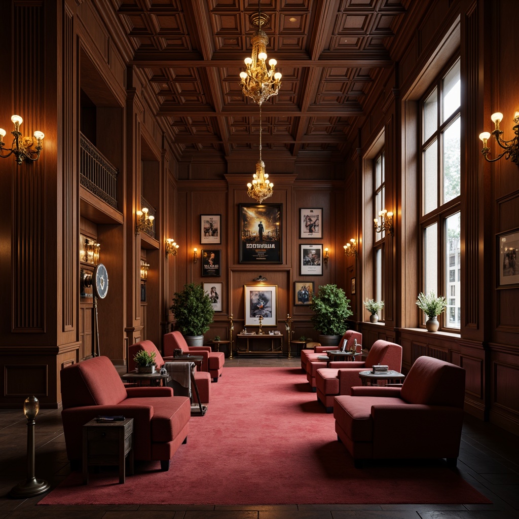 Prompt: Elegant cinema-inspired academic interior, rich wood paneling, comfortable plush seating, ornate golden lighting fixtures, vintage film cameras, classic movie posters, dark red carpeting, stately columns, high ceilings, grand chandeliers, sophisticated neutral color palette, warm soft lighting, shallow depth of field, 1/2 composition, symmetrical framing, cinematic textures, ambient occlusion.