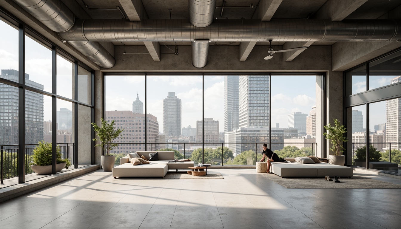 Prompt: Clean lines, minimalist aesthetic, neutral color palette, industrial materials, exposed ductwork, polished concrete floors, sleek metal accents, geometric patterns, subtle texture variations, natural light diffusion, large windows, sliding glass doors, urban cityscape, modern skyscrapers, busy streets, pedestrian traffic, soft warm lighting, shallow depth of field, 1/1 composition, realistic reflections, ambient occlusion.