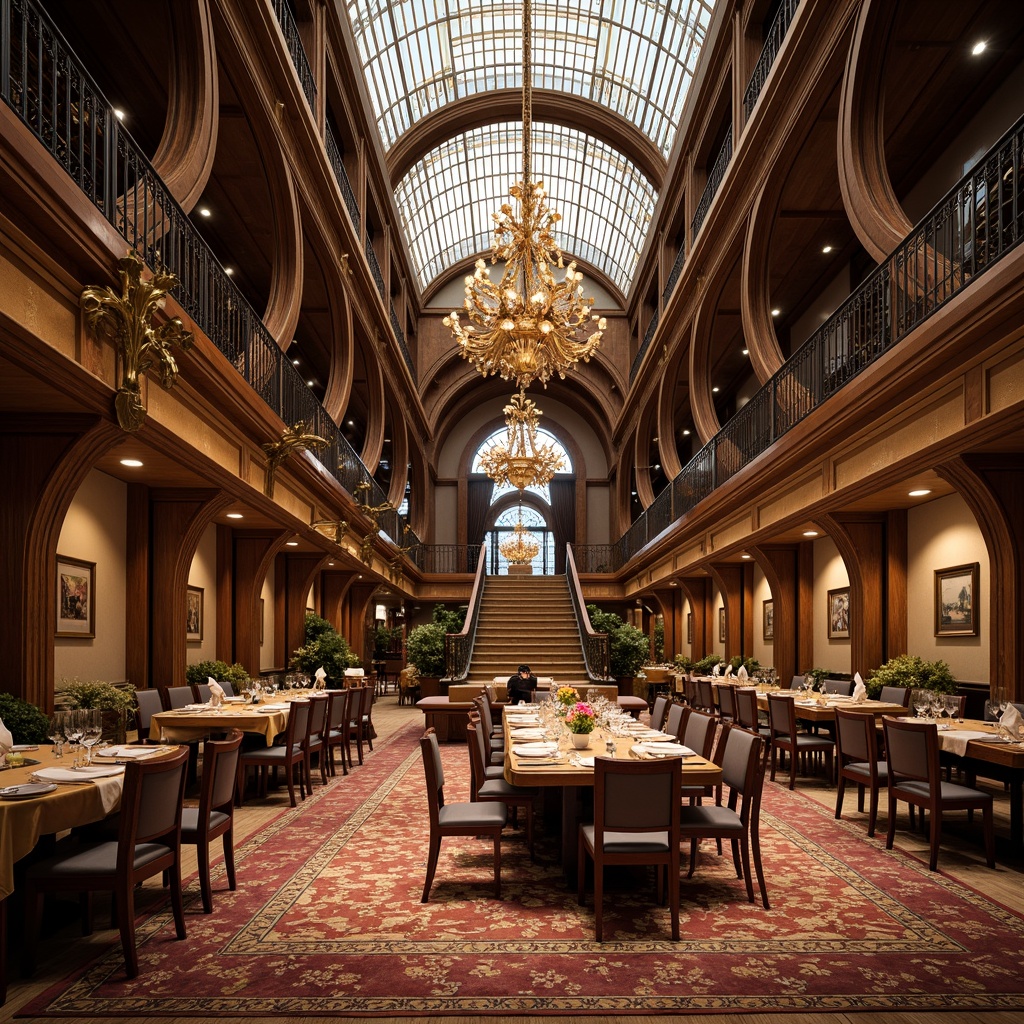 Prompt: Elegant dining hall, ornate chandeliers, intricately patterned rugs, curved wooden paneling, sinuous metalwork, flowing organic lines, lavish furnishings, rich velvet drapes, polished marble floors, grand staircase, sweeping archways, stained glass ceilings, warm golden lighting, soft focus, shallow depth of field, 1/2 composition, dramatic shadows, realistic reflections.