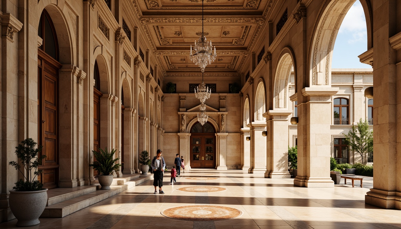 Prompt: Ornate classical buildings, grandiose columns, intricately carved stone facades, ornamental moldings, subtle gradient textures, warm beige stonework, rustic brick patterns, elegant archways, refined wooden doors, polished marble floors, crystal chandeliers, soft warm lighting, shallow depth of field, 1/1 composition, realistic reflections, ambient occlusion.