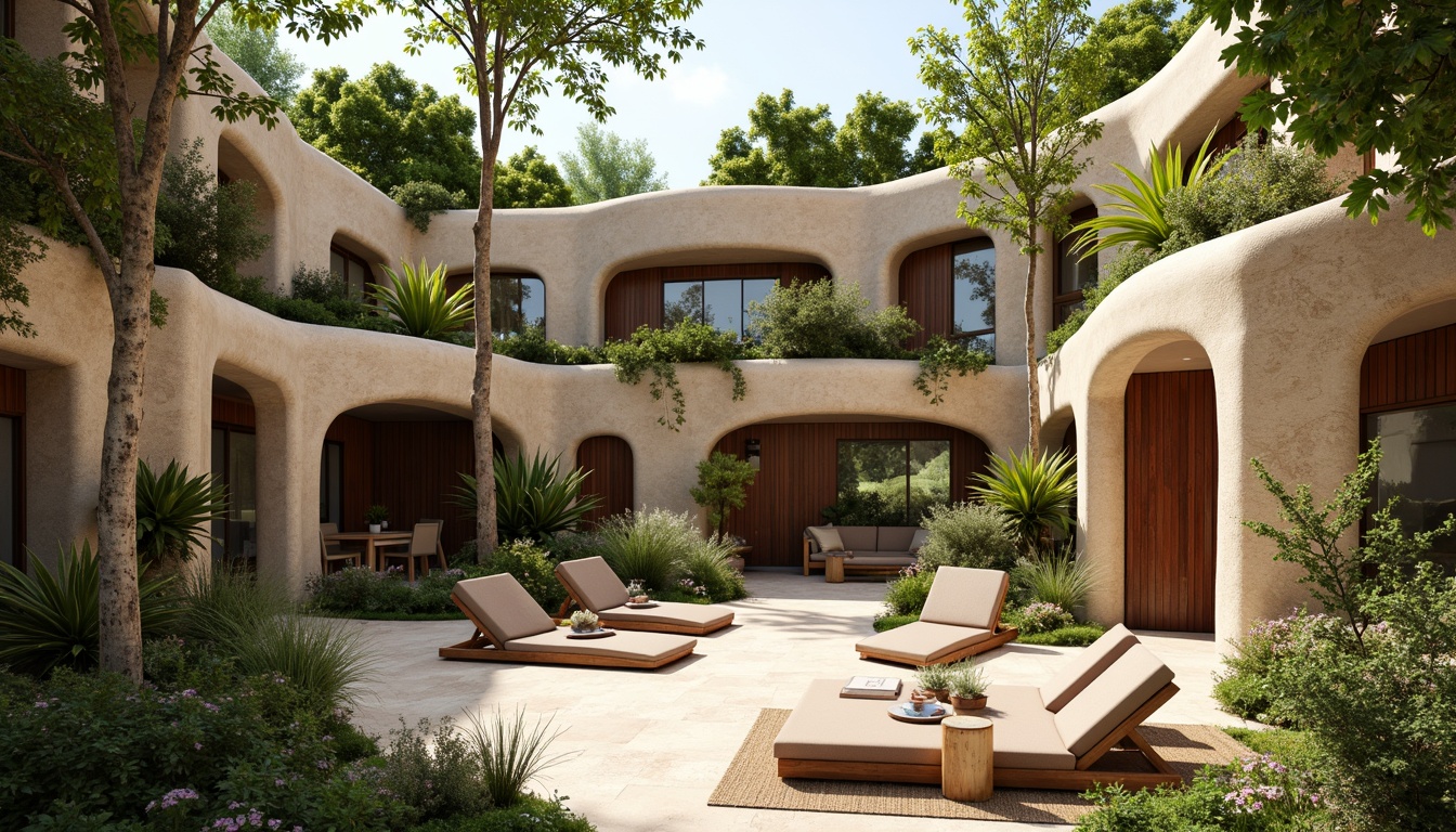 Prompt: Earthy tones, natural stone facades, curved lines, green roofs, lush vegetation, wooden accents, warm beige hues, rustic textures, earthy reds, organic shapes, free-form structures, whimsical details, playful patterns, airy interiors, soft diffused lighting, 3/4 composition, shallow depth of field, vibrant botanicals, natural materials, eco-friendly aesthetics.