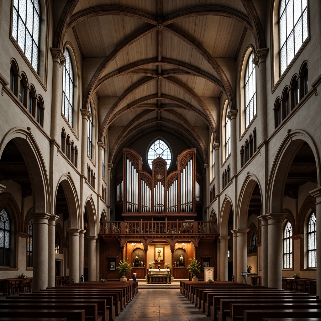 Prompt: Soaring vaulted ceilings, ribbed arches, stained glass windows, intricate stone carvings, grandiose pipe organs, ornate chapels, majestic altar pieces, solemn atmosphere, warm soft lighting, dramatic shadows, high-angle shot, narrow depth of field, 2/3 composition, symmetrical framing, rich textures, ambient occlusion, historic architecture, medieval era, Christian iconography.