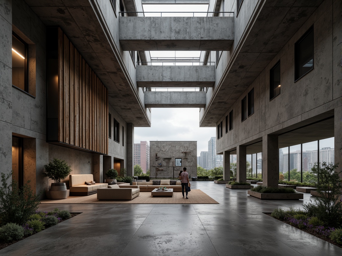 Prompt: Rustic brutalist building, raw concrete textures, exposed ductwork, industrial metal beams, reclaimed wood accents, minimalist decor, monochromatic color scheme, natural light pouring in, dramatic shadows, bold geometric forms, fortress-like architecture, urban cityscape backdrop, overcast sky, low-key lighting, 2/3 composition, cinematic atmosphere, realistic render.