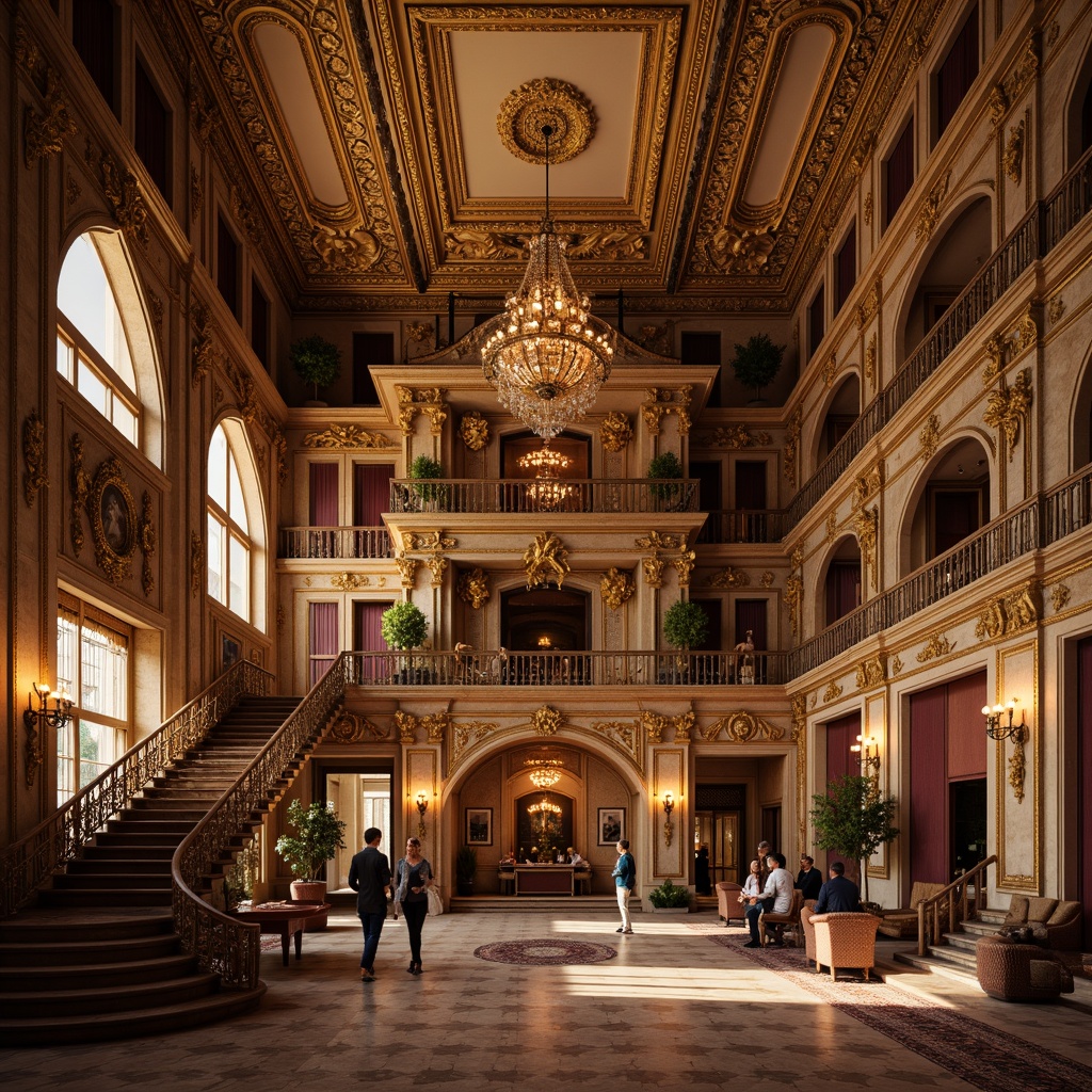 Prompt: Richly ornamented Baroque palace, warm Sienna stone fa\u00e7ade, intricately carved golden accents, ornate balconies, sweeping grand staircases, lavish fresco ceilings, opulent chandeliers, velvet drapes, antique furnishings, gilded mirrors, warm candlelight, soft focus, shallow depth of field, 1/2 composition, classic Renaissance proportions, dramatic shadows, realistic textures, ambient occlusion.