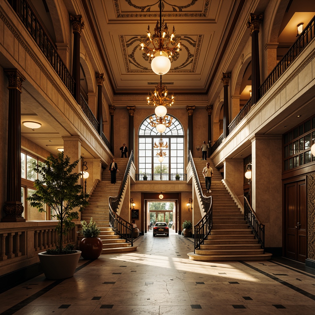 Prompt: Grand tram station, neoclassical facade, ornate columns, architrave details, rusticated stone walls, grandiose entrance, sweeping staircases, elegant balconies, intricately patterned ironwork, opulent chandeliers, polished marble floors, majestic high ceilings, warm golden lighting, shallow depth of field, 1/1 composition, symmetrical view, realistic textures, ambient occlusion.