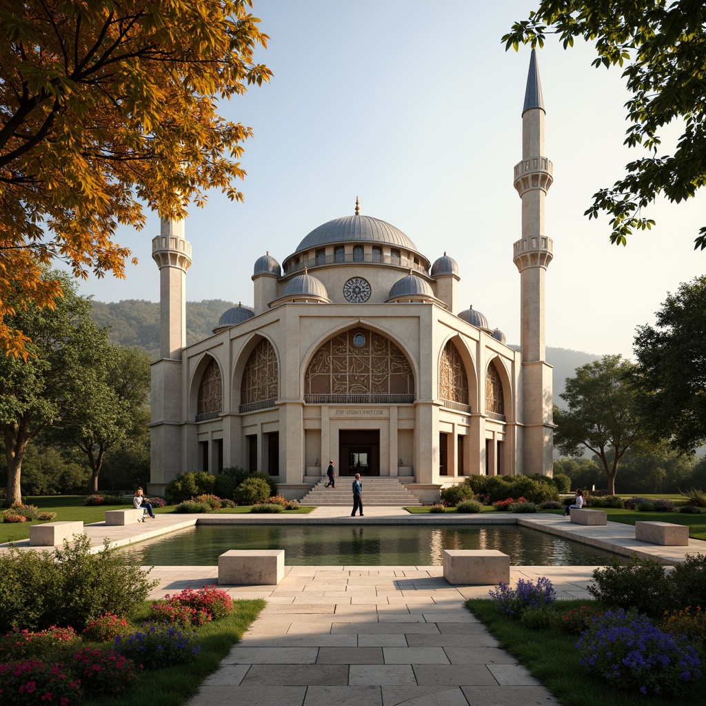 Prompt: \Sacred mosque, intricate arches, ornate domes, minarets, Islamic calligraphy, serene natural surroundings, lush greenery, vibrant flowers, tranquil water features, walking paths, stone benches, lanterns, warm golden lighting, soft misty atmosphere, 1/1 composition, symmetrical framing, realistic textures, ambient occlusion.\Please let me know if this meets your requirements!