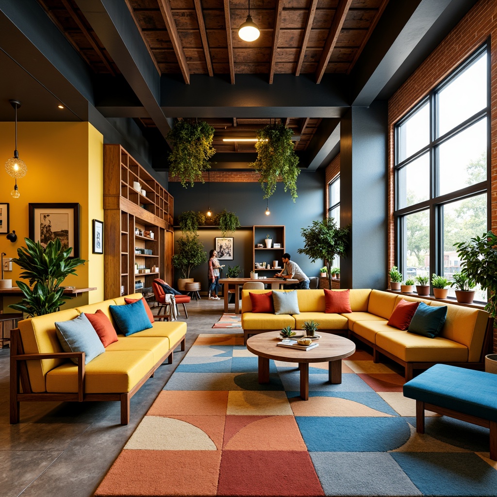 Prompt: Vibrant hostel common area, eclectic furniture arrangement, bold color blocking, contrasting textures, warm wooden accents, industrial metal beams, exposed brick walls, cozy reading nooks, plush throw pillows, natural fiber rugs, modern geometric patterns, energizing yellow hues, calming blue tones, rich wood grain finishes, soft ambient lighting, intimate seating areas, relaxed atmosphere, dynamic visual contrasts, harmonious color palette, functional decor, lively communal spaces, refreshing greenery, urban loft-inspired aesthetic.