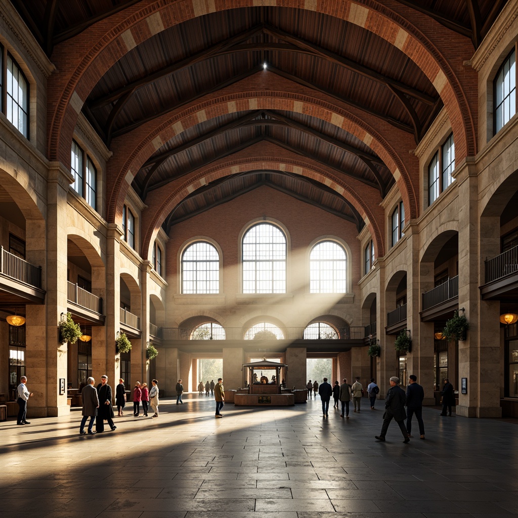 Prompt: Grandiose train station, Romanesque arches, ornate columns, intricate stone carvings, vaulted ceilings, stained glass windows, rustic brick facades, imposing clock towers, majestic entrance halls, lavish chandeliers, warm golden lighting, dramatic shadows, 1/2 composition, symmetrical architecture, natural stone textures, ambient occlusion, misty morning atmosphere, soft sunlight filtering, innovative curved rooflines, sweeping arches, cantilevered canopies, dynamic structural elements.