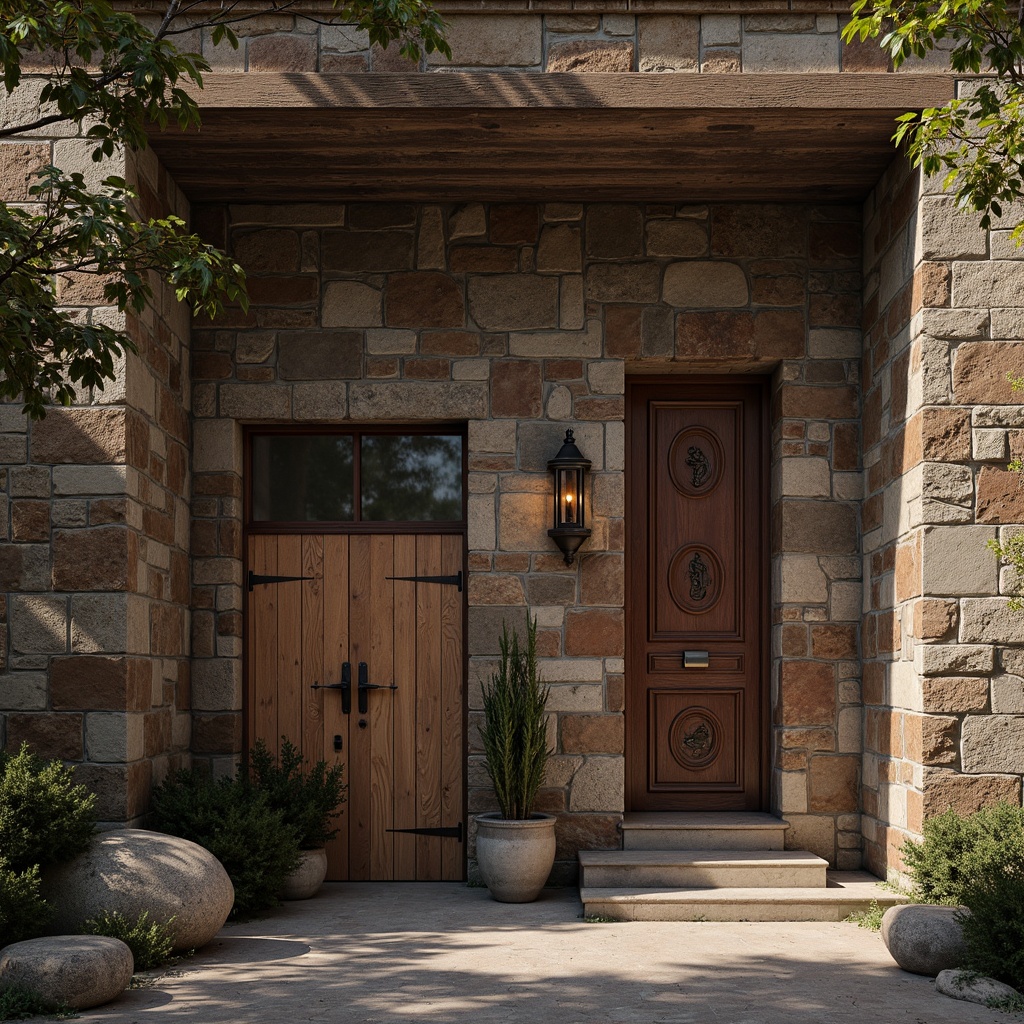 Prompt: Rustic stone walls, weathered wooden planks, distressed metal panels, rough-hewn brick facades, ornate carved details, intricate stonework patterns, textured concrete surfaces, natural rock formations, earthy color palette, warm ambient lighting, dramatic shadows, 1/1 composition, symmetrical framing, realistic material responses, subtle depth cues, cinematic atmosphere.