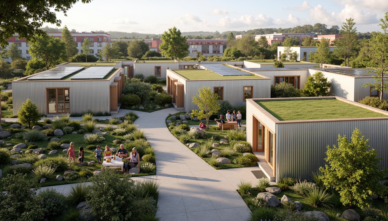 Prompt: Eco-friendly social housing complex, recycled metal fa\u00e7ade, low-carbon concrete buildings, solar panel roofs, green roofs with lush vegetation, rainwater harvesting systems, grey water reuse, natural ventilation systems, passive house design, energy-efficient appliances, sustainable wood furniture, minimalist interior design, abundant natural light, soft warm lighting, cozy community spaces, vibrant colorful murals, inclusive public art installations, accessible pedestrian paths, native plant species landscaping, serene community gardens, shallow depth of field, 1/1 composition, realistic textures, ambient occlusion.