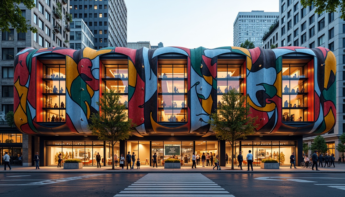 Prompt: Vibrant bus station, expressionist facade, undulating curves, bold geometric shapes, dynamic rhythms, abstract patterns, contrasting textures, metallic materials, glass accents, neon lighting, urban cityscape, busy street scene, morning commute, soft warm glow, shallow depth of field, 1/1 composition, symmetrical framing, high-contrast colors, intricate details, ornate decorations, futuristic vibes, industrial elements.