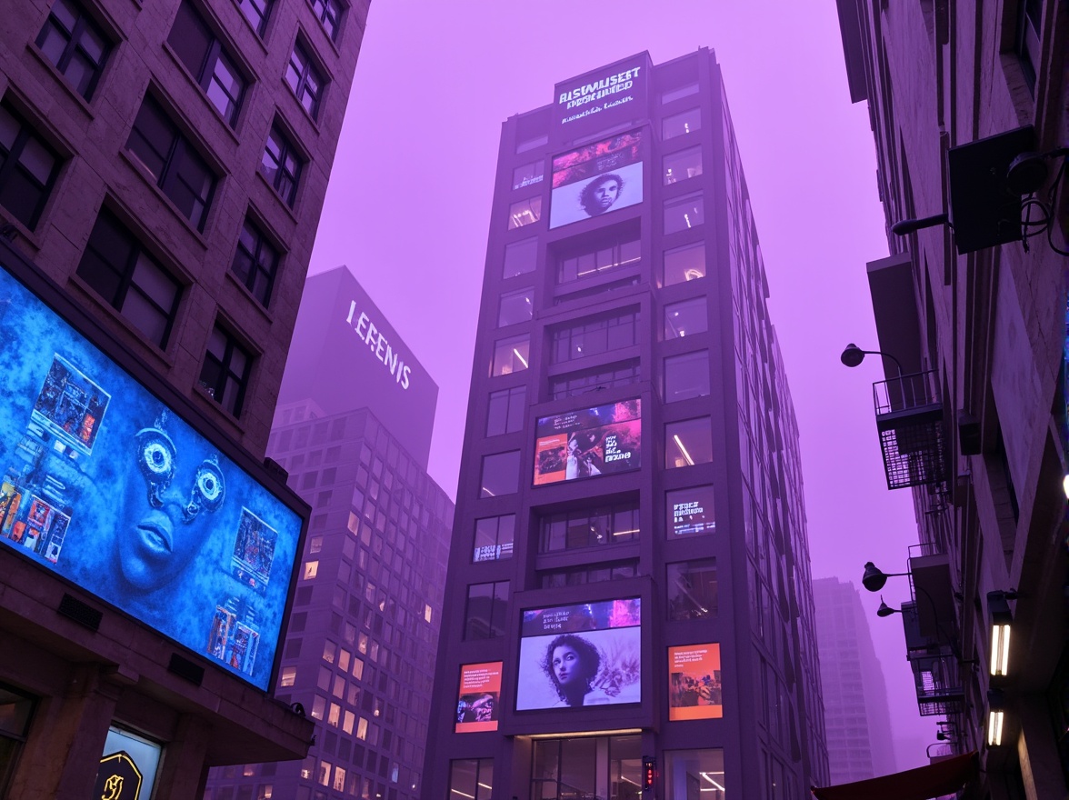 Prompt: Futuristic cityscape, neon-lit skyscrapers, metallic buildings, holographic advertisements, cyberpunk ambiance, vibrant purple hues, electric blue accents, bright orange highlights, iridescent sheen, glossy surfaces, chrome details, sleek lines, minimalist aesthetics, atmospheric fog, moody lighting, dramatic shadows, cinematic composition, 2.35