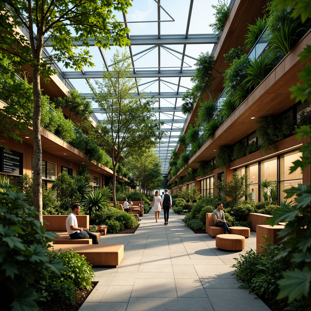 Prompt: Lush greenery, tropical plants, warm natural light, glass roofs, modern steel frames, vibrant color scheme, earthy tones, wooden accents, living walls, botanical displays, educational signage, collaborative workspaces, comfortable seating areas, soft diffused lighting, shallow depth of field, 3/4 composition, panoramic view, realistic textures, ambient occlusion.