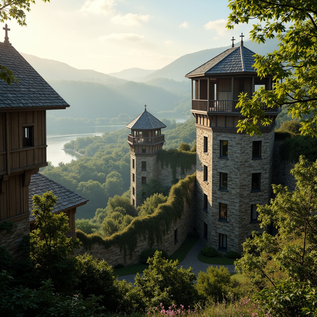 Prompt: Majestic watchtowers, rustic stone walls, verdant foliage, rolling hills, serene lakeside, misty dawn, warm sunlight, soft shadows, natural blending, earthy tones, wooden accents, vine-covered facades, mossy roofs, curved lines, organic shapes, scenic vistas, panoramic views, atmospheric perspective, high dynamic range, cinematic lighting, subtle color grading.