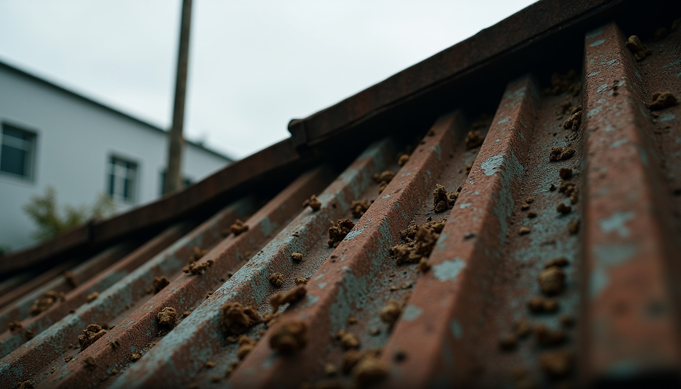 Prompt: Weathered corrugated iron, rusty patina, rough industrial texture, distressed metal surface, vintage architectural element, worn-out roofing material, metallic sheen, rugged mechanical aesthetic, earthy tone, natural decay, aged industrial landscape, overcast sky, soft diffused lighting, shallow depth of field, 2/3 composition, gritty realistic textures, cinematic ambiance.