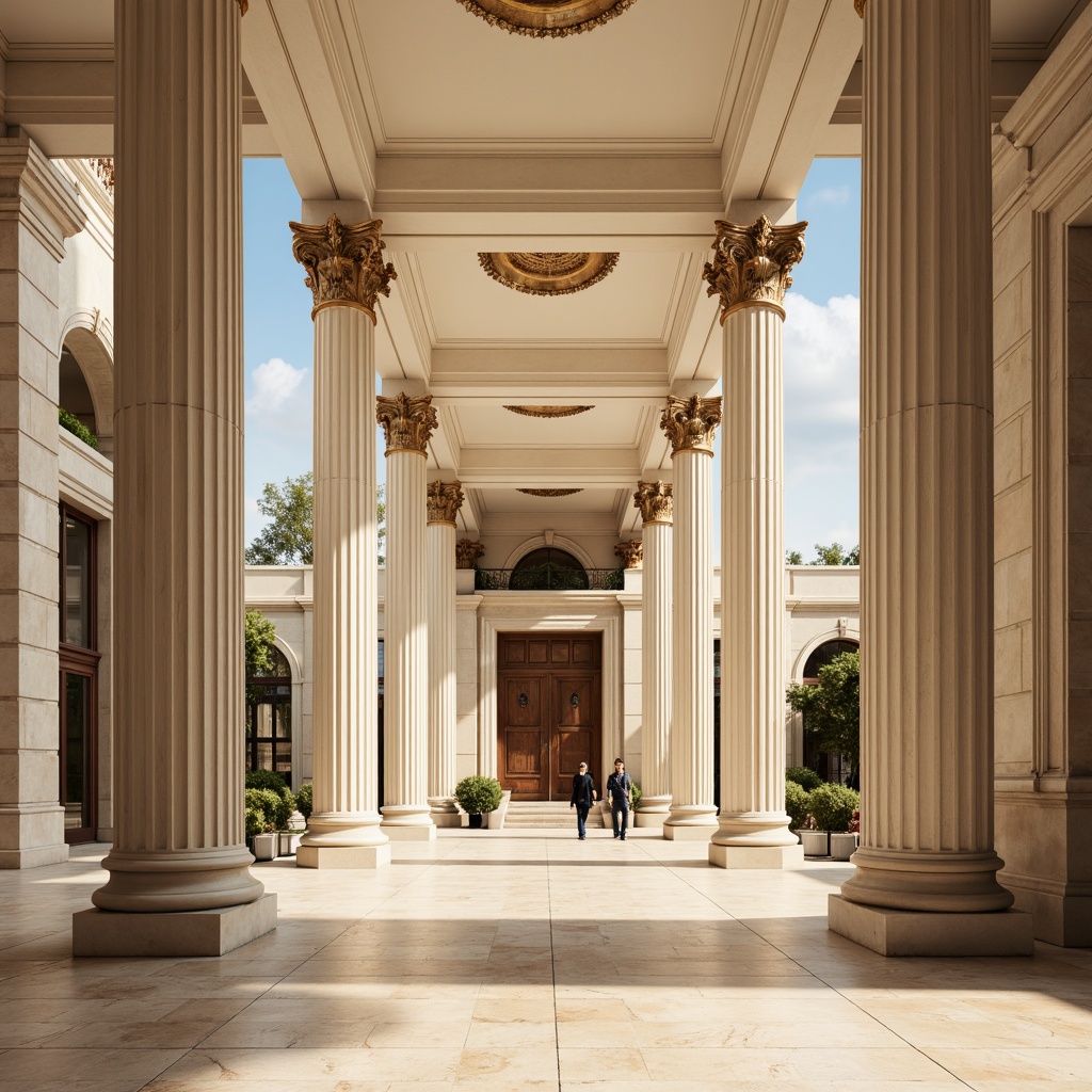 Prompt: Elegant neoclassical facade, soft cream columns, ornate golden details, muted earthy tones, subtle gradient skies, warm beige marble floors, rich walnut wood accents, grandiose proportions, symmetrical composition, shallow depth of field, 1/1 aspect ratio, natural light diffusion, ambient occlusion, realistic textures, intricate moldings, classicist ornamentation.