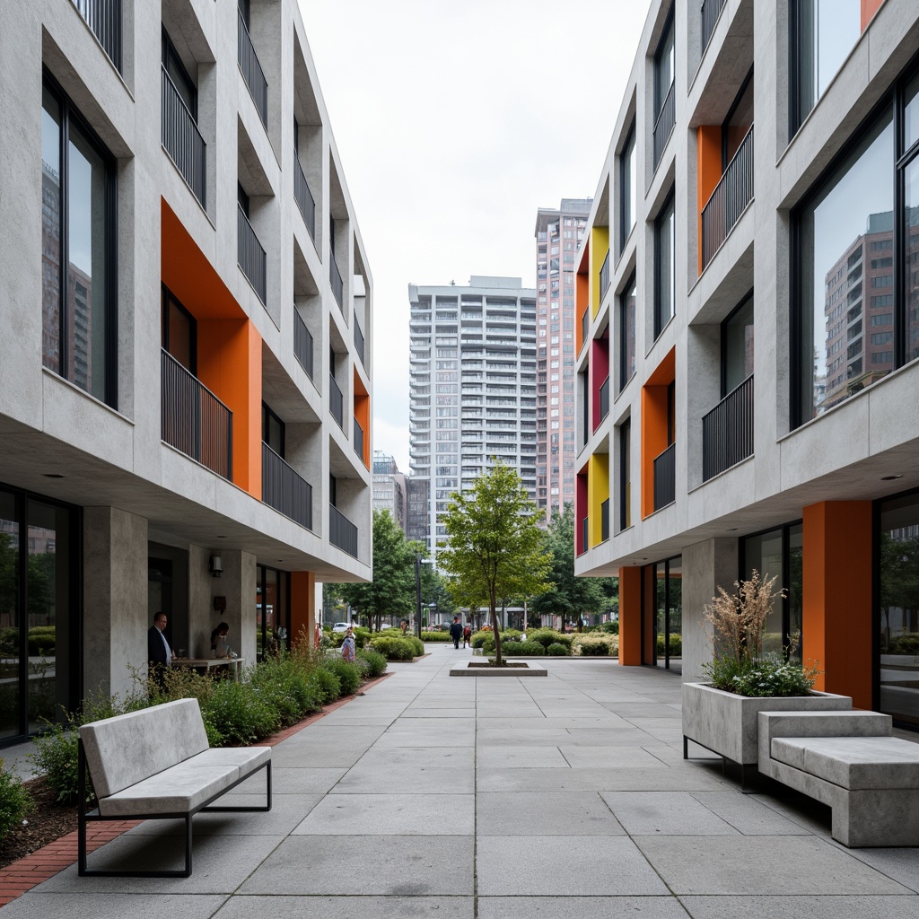 Prompt: Geometric Bauhaus style building, clean lines, rectangular forms, industrial materials, functional design, urban setting, modern cityscape, paved walkways, minimalist landscaping, sparse greenery, abstract sculptures, steel benches, concrete planters, bold colorful accents, strong geometric patterns, brutalist architecture, dramatic shadows, high contrast lighting, 1/1 composition, symmetrical framing, architectural photography, realistic textures, ambient occlusion.