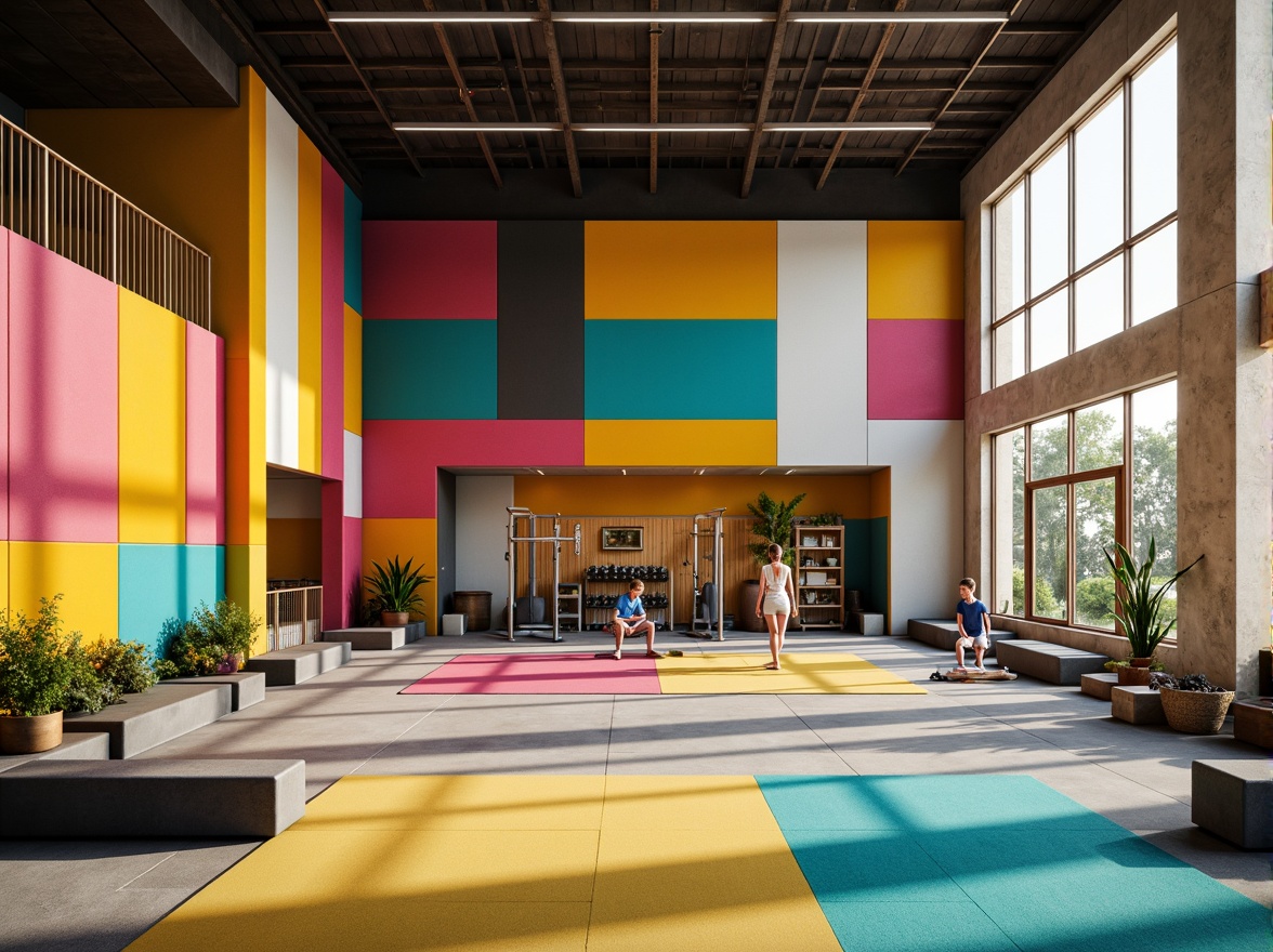 Prompt: Cozy gymnasium interior, soft padded flooring, vibrant color-blocked walls, acoustic panels, suspended ceilings, modern sports equipment, fitness machines, free weights, exercise mats, wooden accents, natural stone features, large windows, abundant daylight, gentle warm lighting, 1/2 composition, shallow depth of field, realistic textures, ambient occlusion.