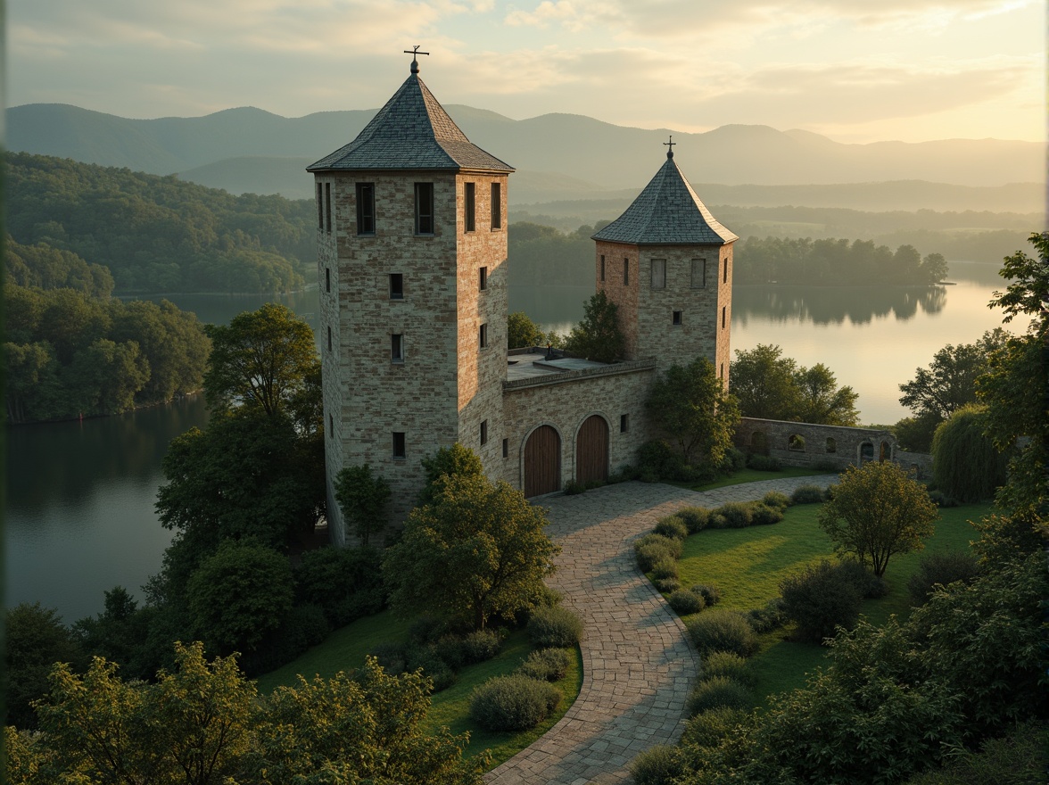 Prompt: Majestic watching towers, rustic stone walls, overgrown ivy, weathered wooden doors, mystical misty atmosphere, rolling hills, lush green forests, winding stone paths, serene lakeside, reflection of surrounding landscape, symmetrical composition, warm golden lighting, soft focus effect, 1/2 camera angle, cinematic mood, ambient soundscape.