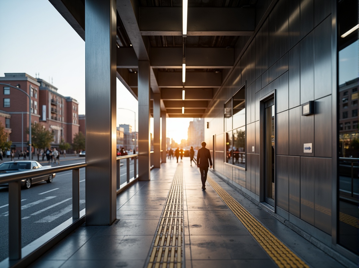 Prompt: Modern tram station, sleek metal architecture, stainless steel beams, brushed aluminum panels, silver anodized handrails, LED lighting strips, futuristic ambiance, urban cityscape, rush hour atmosphere, morning sunlight, shallow depth of field, 1/2 composition, realistic reflections, ambient occlusion.