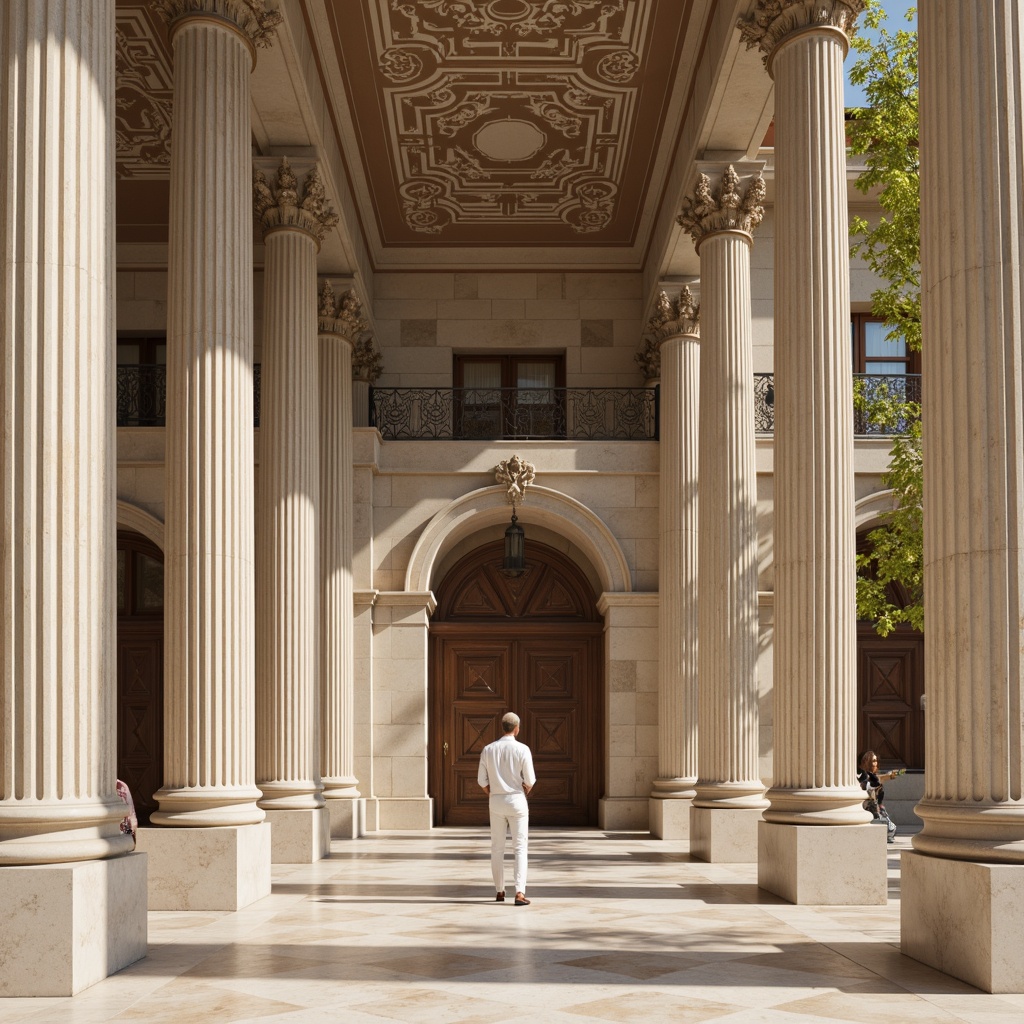 Prompt: Grandiose columns, ornate capitals, decorative arches, symmetrical facades, imposing entranceways, carved stone details, classical pediments, rusticated bases, elegant pilasters, refined moldings, subtle entablatures, harmonious proportions, balanced compositions, soft natural light, warm beige tones, rich marble textures, subtle shading, 1/1 composition, realistic materials, ambient occlusion.