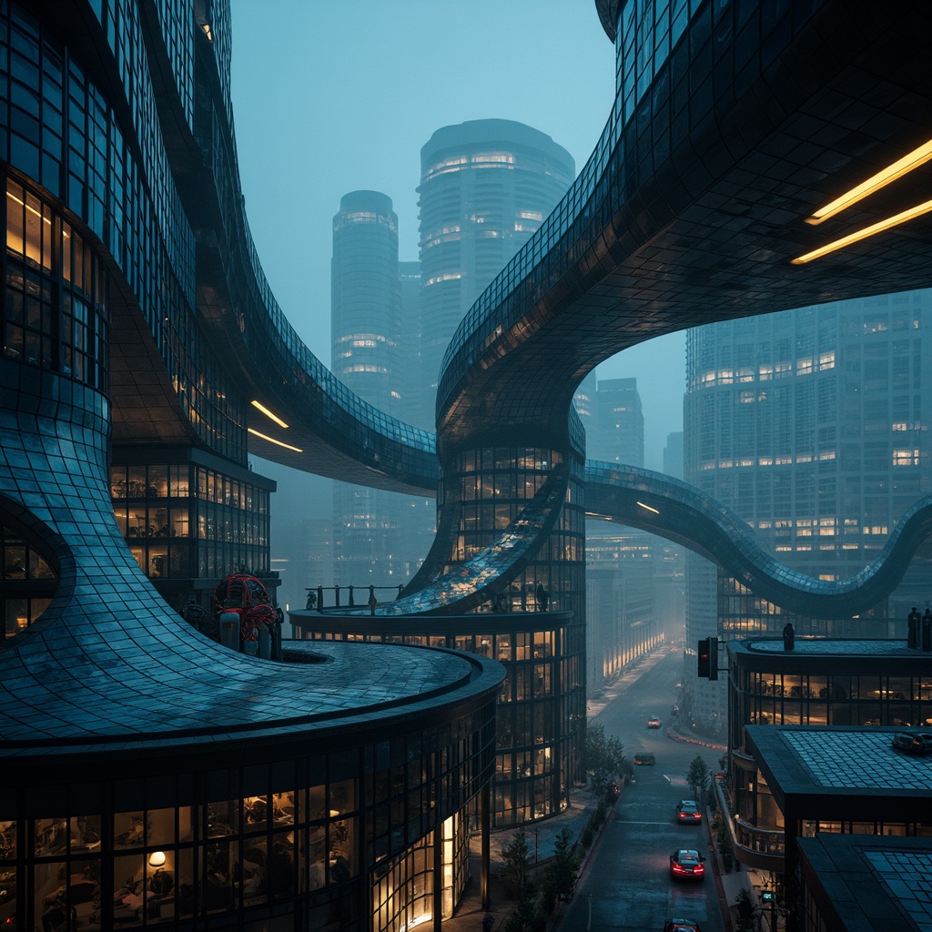 Prompt: Organic curves, flowing lines, undulating roofs, sinuous fa\u00e7ades, irregular shapes, futuristic buildings, avant-garde architecture, sleek metallic materials, iridescent glass surfaces, shimmering LED lights, neon-lit nightscapes, cyberpunk cityscape, atmospheric mist, dramatic shadows, high-contrast lighting, 3/4 composition, low-angle shot, cinematic rendering, photorealistic textures, ambient occlusion.