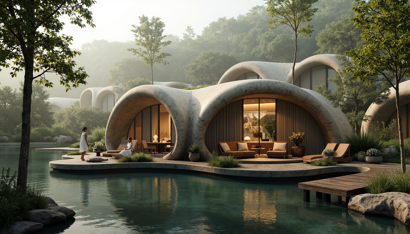 Prompt: Curved boathouse, organic blob-like structure, reflective water surroundings, lush greenery, overhanging plants, rustic wooden docks, natural stone foundations, earthy color palette, undulating rooflines, free-flowing shapes, whimsical architectural details, soft warm lighting, misty morning atmosphere, 1/1 composition, shallow depth of field, realistic textures, ambient occlusion.