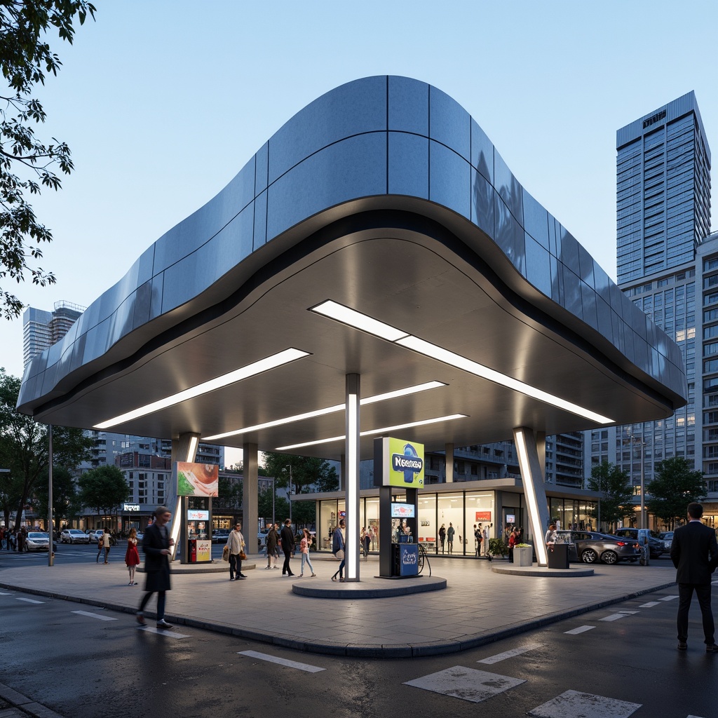 Prompt: Sleek gas station, curved lines, aerodynamic shape, silver metallic fa\u00e7ade, LED lighting strips, futuristic architecture, modern minimalist design, cantilevered roof, angular columns, polished concrete floors, neon signs, urban cityscape, busy streets, daytime scene, shallow depth of field, 1/1 composition, realistic reflections, ambient occlusion.