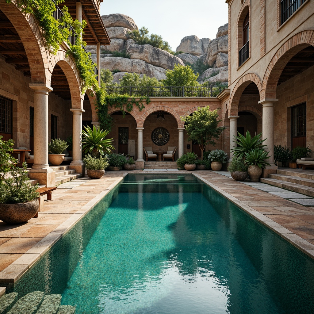 Prompt: Renaissance-style pool, turquoise water, ornate stone carvings, rustic brick surroundings, natural rock formations, lush greenery, vine-covered trellises, intricate mosaic patterns, glazed ceramic tiles, worn wooden decks, distressed metal railings, soft warm lighting, shallow depth of field, 1/2 composition, realistic reflections, ambient occlusion.