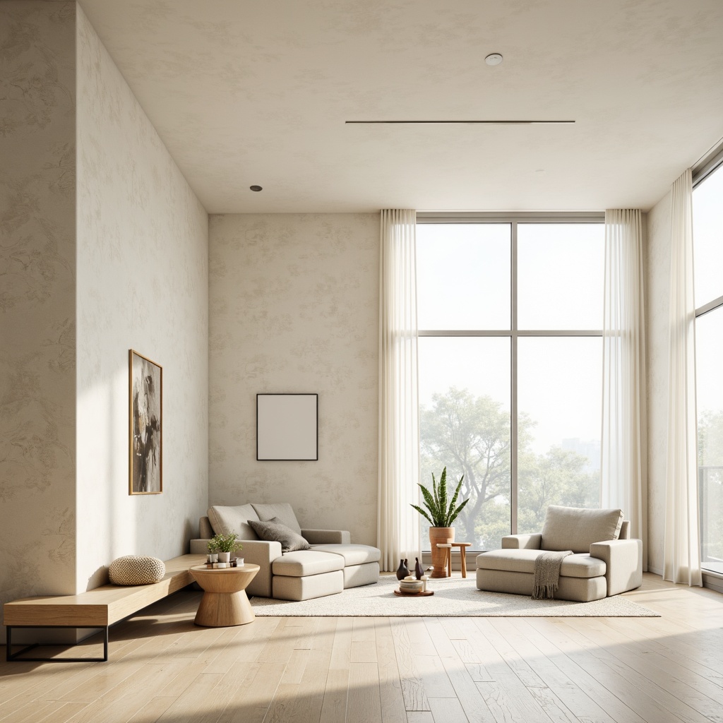 Prompt: Monochromatic minimalist interior, soft creamy whites, warm beige tones, subtle gray accents, natural wood textures, sleek metal frames, minimal ornamentation, clean lines, open spaces, abundant natural light, floor-to-ceiling windows, sheer curtains, 1/1 composition, softbox lighting, shallow depth of field, realistic reflections, ambient occlusion.