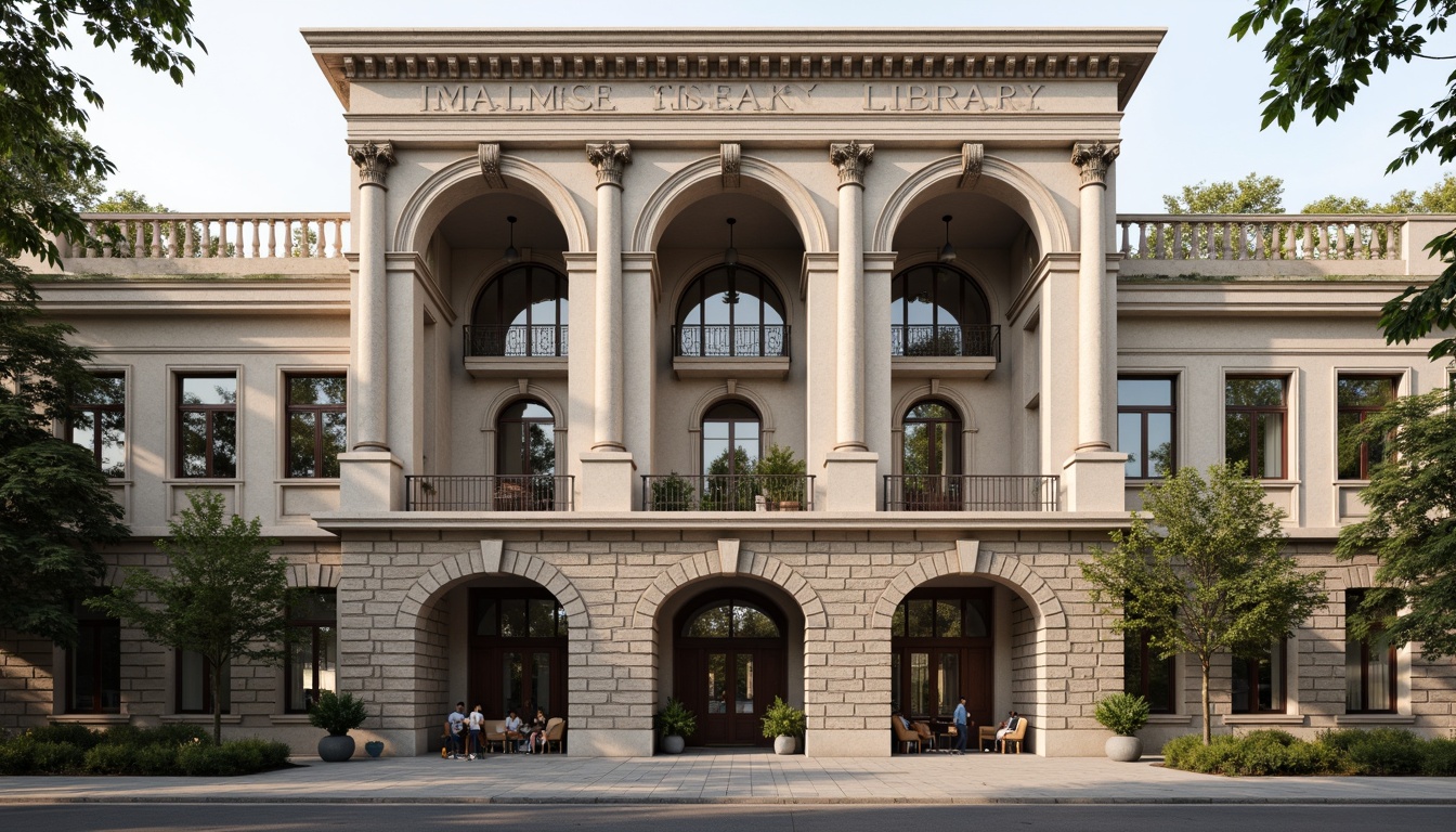 Prompt: Grand library building, neoclassical facade, ornate columns, carved stone details, symmetrical composition, rusticated base, arched windows, balconies with iron railings, grand entrance with pediment, decorative moldings, subtle color palette, natural stone textures, classic cornices, pilasters, ornate doorways, warm afternoon light, soft shadows, 1/2 composition, realistic architectural details, ambient occlusion.