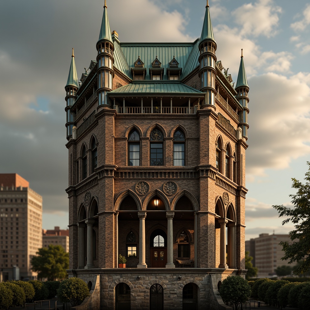 Prompt: Renaissance-inspired watchtower, ornate stone carvings, grandiose arches, rusticated base, slender turrets, copper roofing, weathered brick fa\u00e7ade, intricate stonework, Gothic windows, stained glass details, classical columns, symmetrical composition, dramatic shadows, warm golden lighting, 1/2 perspective, atmospheric depth of field, cinematic realism.