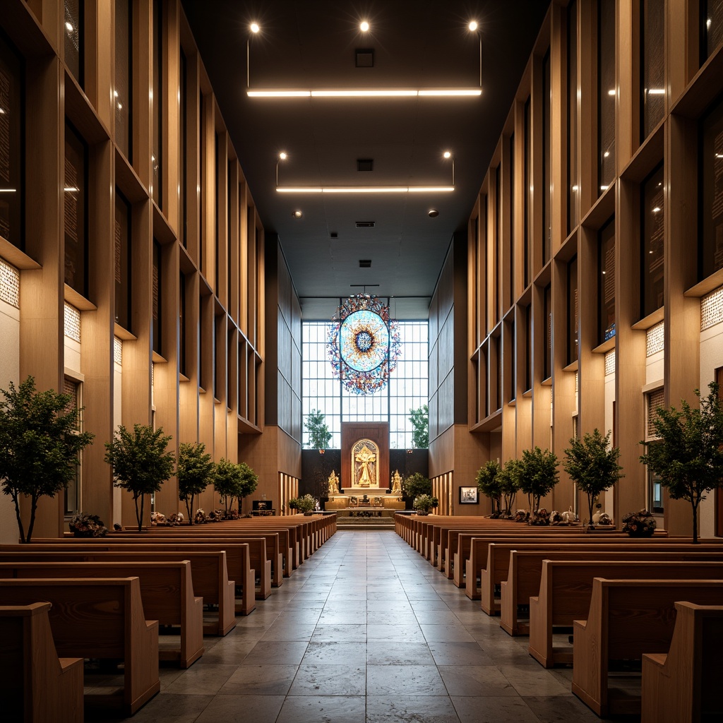 Prompt: Contemporary church interior, sleek lines, minimalist decor, stained glass windows, warm ambient lighting, suspended pendant lights, modern chandeliers, recessed ceiling fixtures, LED strip lights, wooden accents, natural stone floors, subtle color palette, softbox lighting, 1/1 composition, shallow depth of field, realistic textures, ambient occlusion.