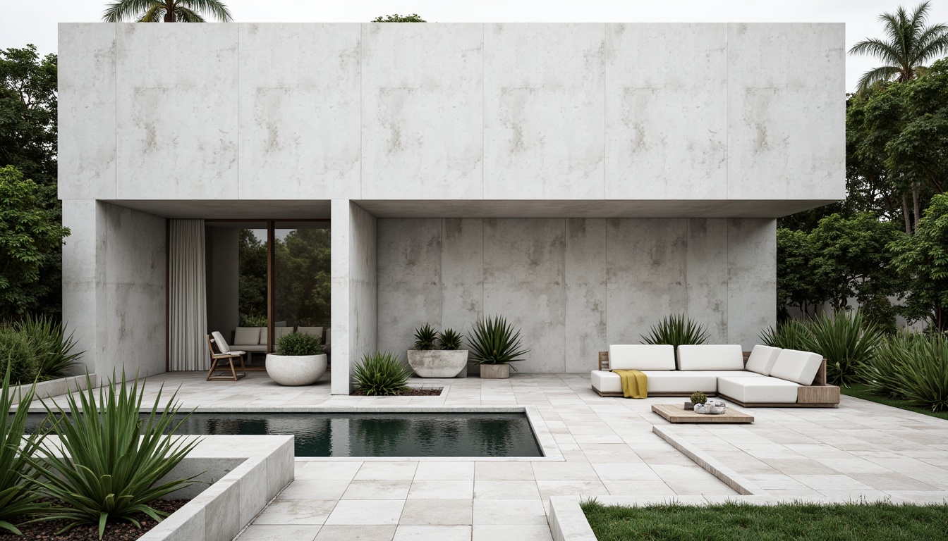 Prompt: Minimalist building facade, clean lines, monochromatic color scheme, sleek concrete walls, subtle textures, sparse greenery, carefully placed potted plants, natural stone pathways, geometric-shaped water features, modern outdoor furniture, simple metal railings, calm ambiance, soft diffused lighting, shallow depth of field, 1/1 composition, realistic rendering.