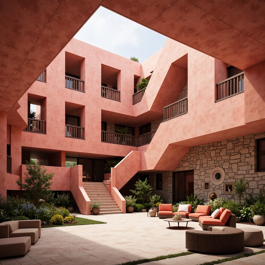 Prompt: Vibrant coral-hued brutalist university building, rugged concrete textures, geometric angular forms, bold architectural lines, warm natural light, rustic metal accents, earthy tone stone walls, lush greenery, modern minimalist furniture, eclectic art installations, abstract sculptures, neutral background colors, pops of coral pink, soft diffused lighting, shallow depth of field, 1/2 composition, realistic material rendering.