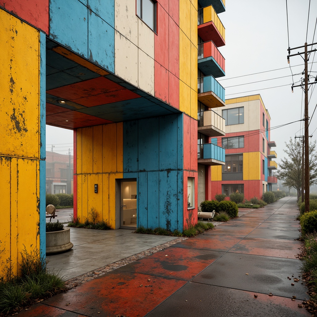 Prompt: Vibrant primary colors, bold geometric shapes, industrial materials, distressed textures, abstract compositions, avant-garde typography, minimalist aesthetics, functional simplicity, brutalist architecture, urban landscapes, cityscapes, morning mist, soft warm lighting, shallow depth of field, 1/1 composition, realistic renderings, ambient occlusion, modernist influence.