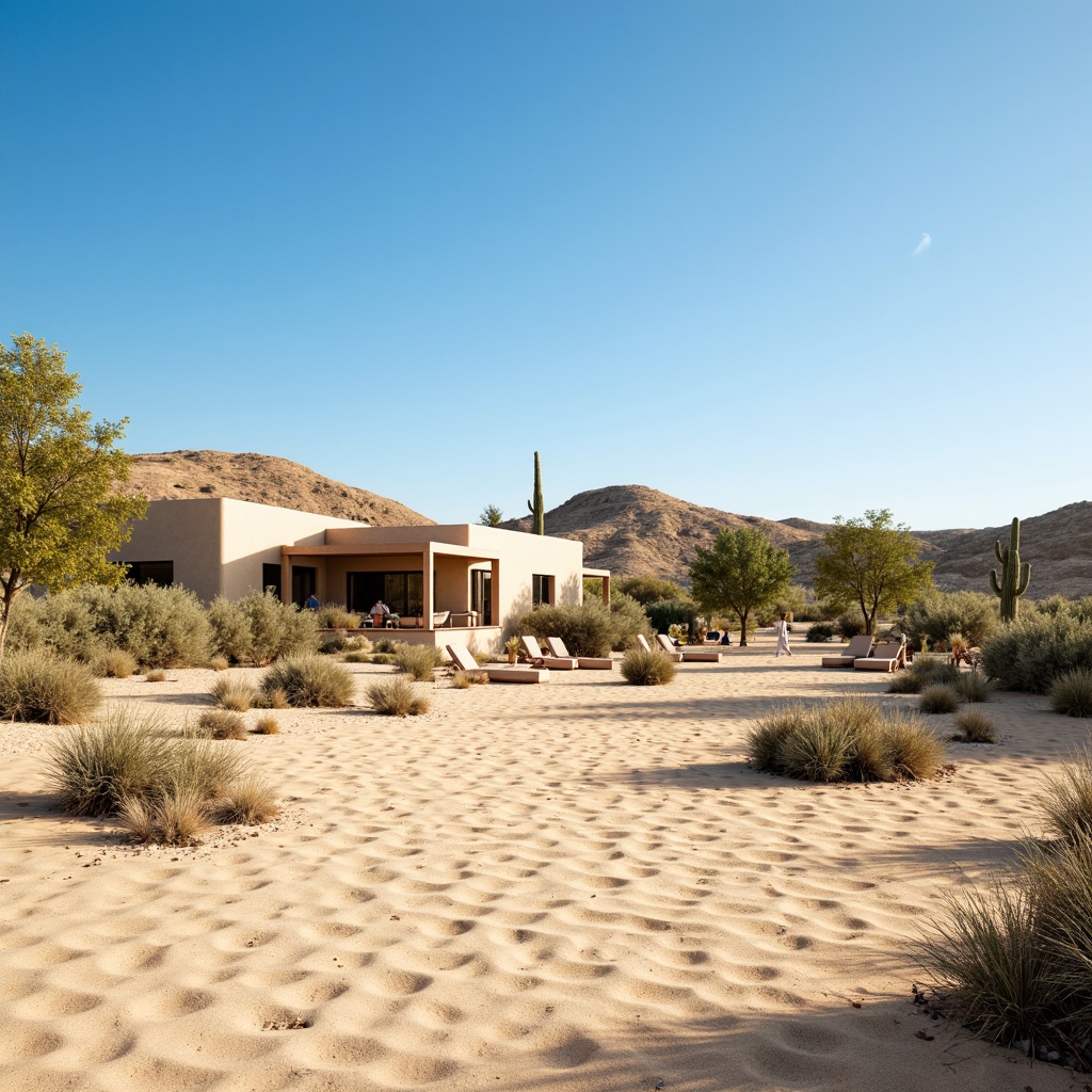 Prompt: Desert landscape, sandy dunes, cactus plants, hot sunny day, clear blue sky, vast open space, thermal mass architecture, thick insulation walls, shaded outdoor spaces, misting systems, evaporative cooling systems, solar shading devices, wind catchers, earth berms, adobe buildings, curved lines, natural ventilation, passive cooling strategies, radiant barrier systems, reflective coatings, low-e glass windows, clerestory windows, skylights, thermal breaks, dry landscaping, succulent plants, xeriscape design, arid region inspiration.