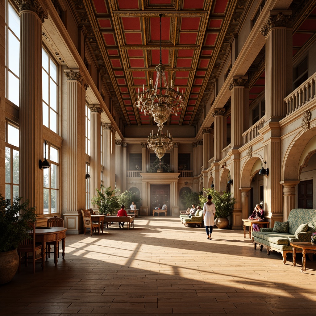 Prompt: Renaissance gymnasium, ornate columns, high ceilings, wooden flooring, rich tapestries, grand chandeliers, warm earthy tones, terracotta red accents, goldenrod yellow highlights, soft cream whites, muted sage greens, luxurious velvet fabrics, antique furniture pieces, large windows, natural light pouring in, soft shadowing, 1/1 composition, realistic textures, ambient occlusion.