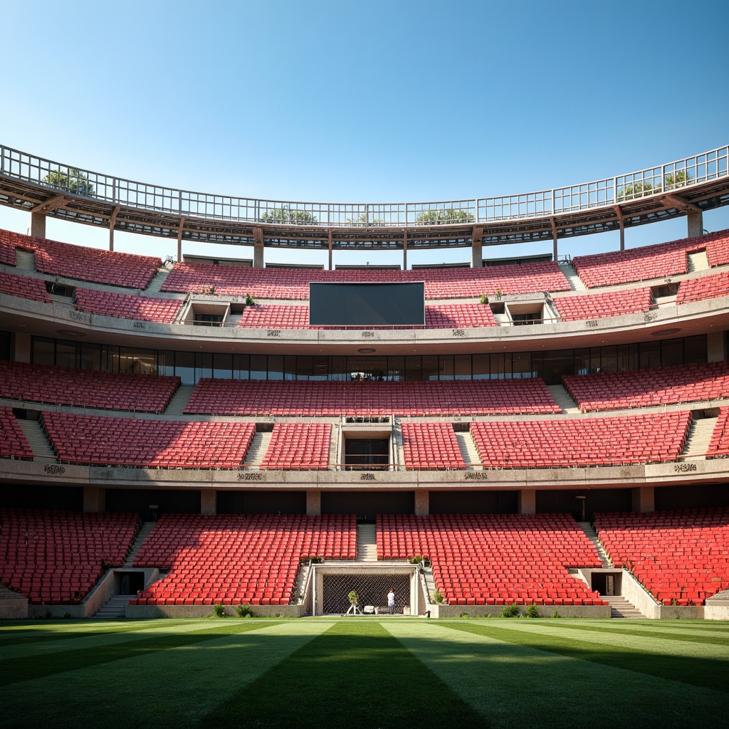 Prompt: \Grandiose soccer stadium, neoclassical fa\u00e7ade, marble columns, ornate detailing, regal red seats, rich green grass, golden goalposts, vintage scoreboard, nostalgic floodlights, clear blue sky, warm sunny day, shallow depth of field, 1/1 composition, symmetrical architecture, elegant curves, rustic stone walls, classic typography, luxurious VIP areas, refined hospitality suites.\