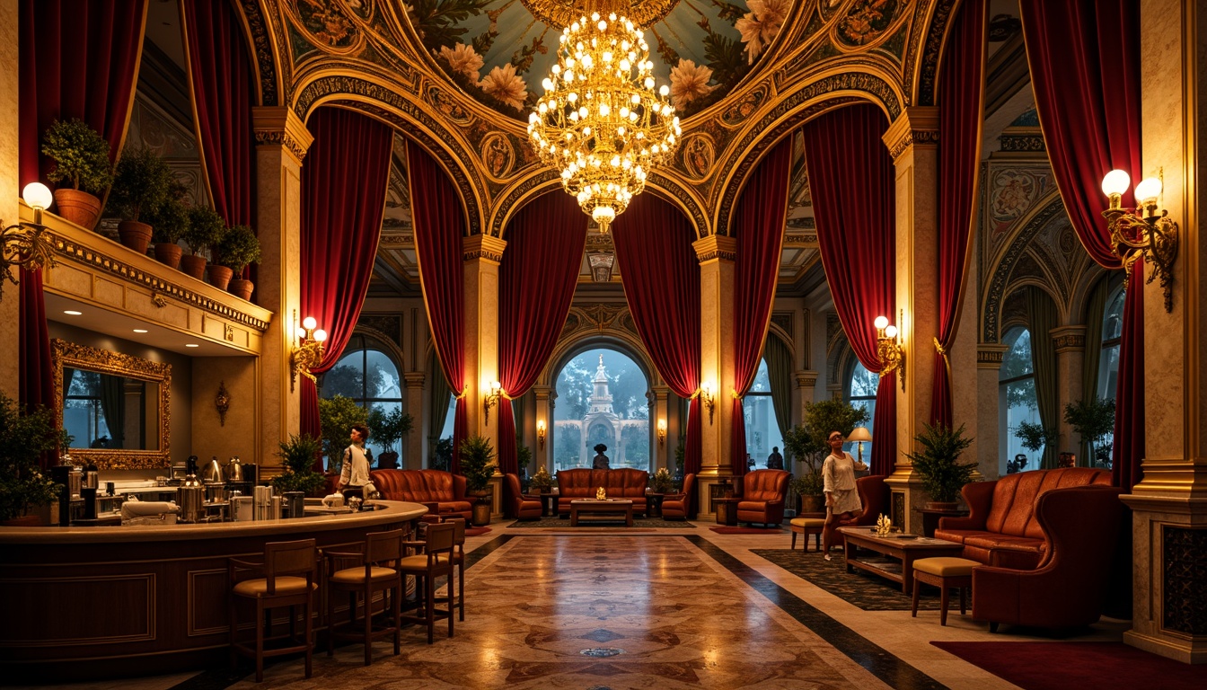 Prompt: \Richly ornate nightclub, Byzantine-inspired architecture, lavish gold accents, intricate mosaics, grand chandeliers, velvet drapes, luxurious upholstery, dimly lit atmosphere, warm golden lighting, shallow depth of field, 1/1 composition, intimate close-ups, realistic textures, ambient occlusion, opulent decorations, ornate columns, curved archways, patterned marble floors, majestic entranceways, elaborate furnishings, mystical ambiance, nighttime scene.\