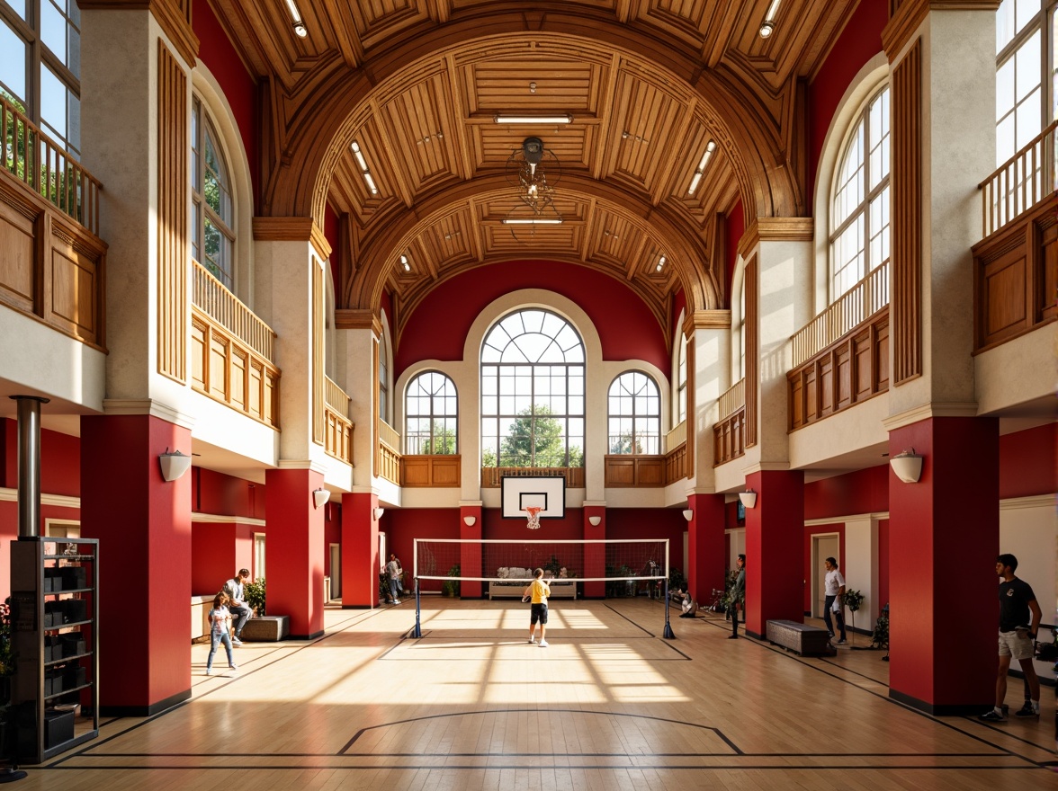 Prompt: Renaissance gymnasium, grandiose archways, ornate columns, lavish chandeliers, rich wood accents, athletic equipment, basketball hoops, volleyball nets, exercise machines, vibrant color schemes, bold red walls, golden accents, creamy white trim, warm beige floors, natural light pouring in, high ceilings, dramatic shadows, 3/4 composition, low-angle shot, softbox lighting, realistic textures, ambient occlusion.