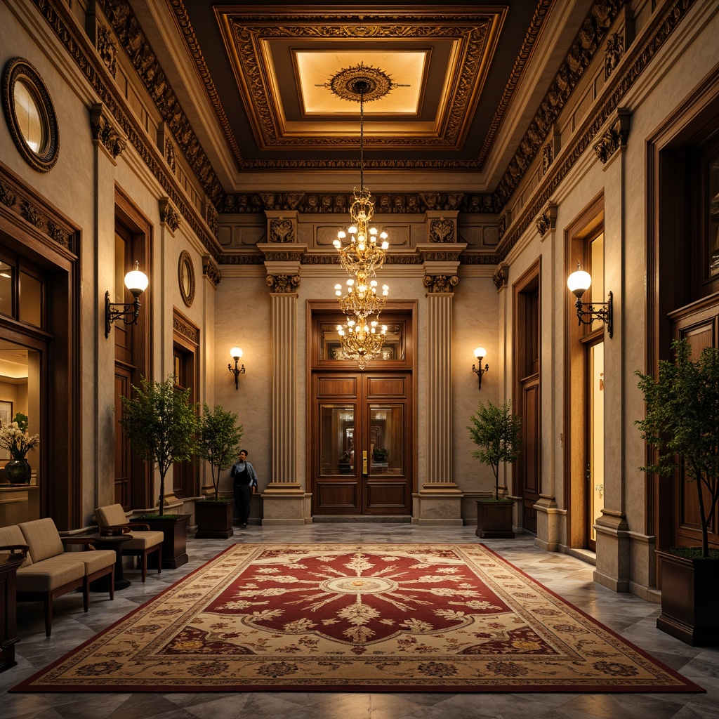 Prompt: Ornate bank facade, grand entrance, Corinthian columns, rusticated stone walls, carved wooden doors, intricate metalwork, ornamental moldings, luxurious chandeliers, polished marble floors, richly patterned rugs, stately furnishings, lavish drapery, warm golden lighting, soft focus, shallow depth of field, 2/3 composition, symmetrical framing, realistic textures, ambient occlusion.